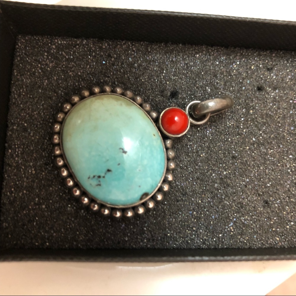 Large Sterling Silver Turquoise & Coral Pendant Necklace on Brown Leather Cord